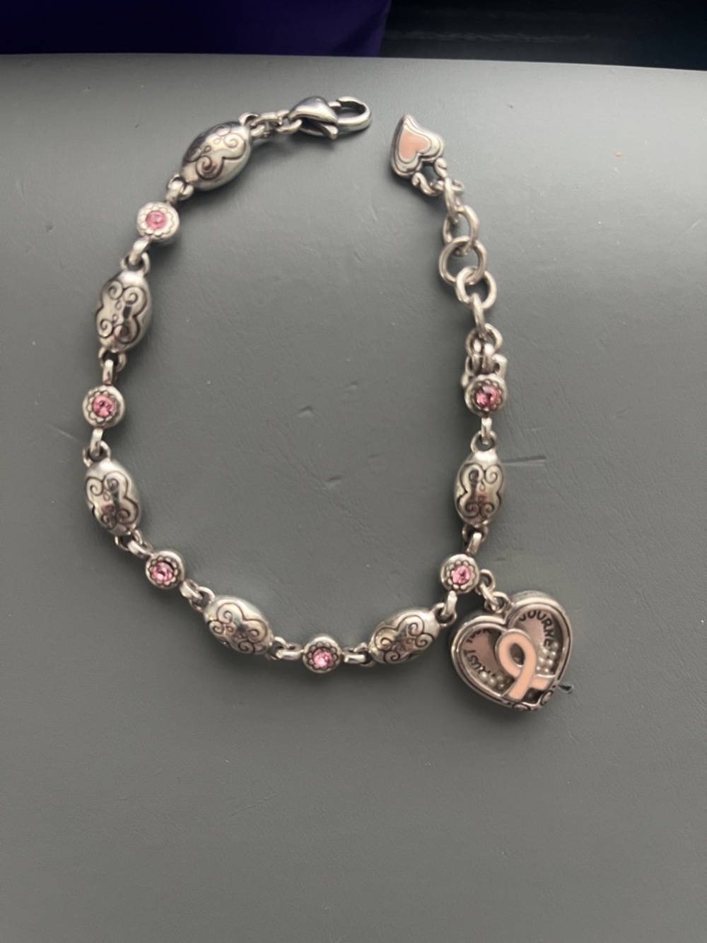 BRIGHTON Silver-Tone Pink Ribbon Cancer Heart Charm Bracelet - Women's Jewelry